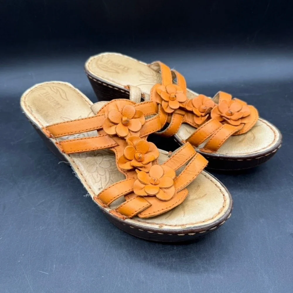 Born Flower Wedge Sandals Womens 8 Orange Leather Strappy Boho